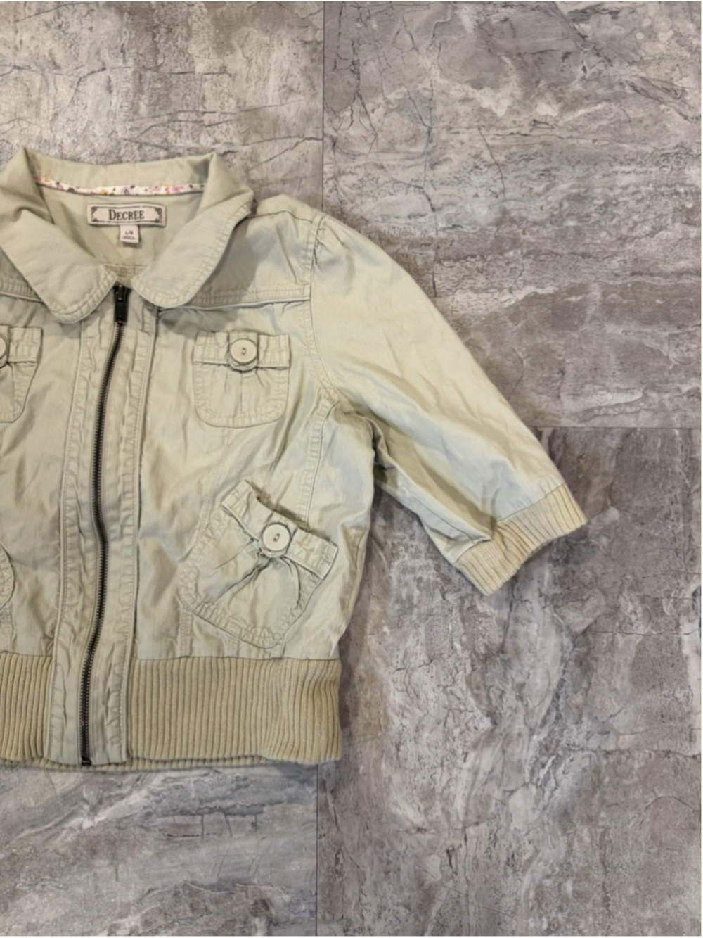 Y2K Decree Women’s Beige Cropped Utility Jacket 3/4 Sleeve Size L Cargo Pocket